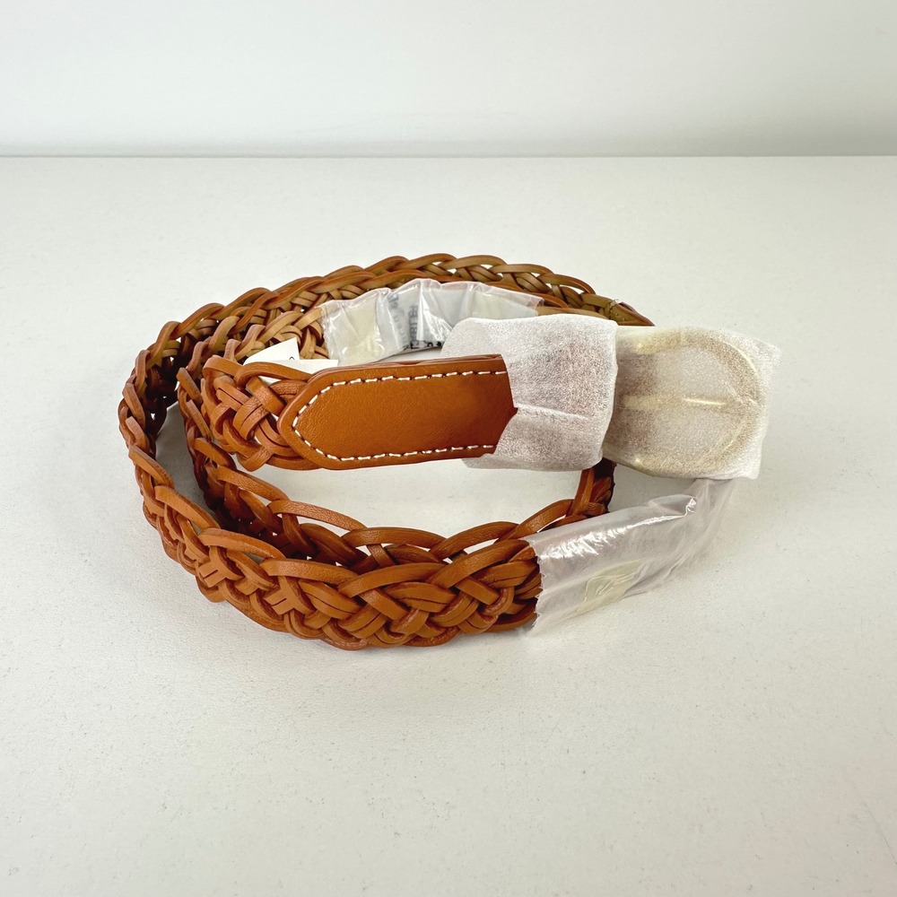 Talbots Braided Leather 1" Belt Cognac Brown Woven Gold Buckle Womens L CN72 New